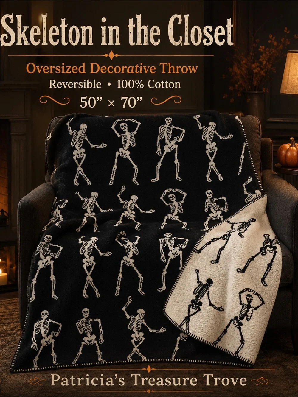 Black & Cream Oversized Skeleton Throw Blanket